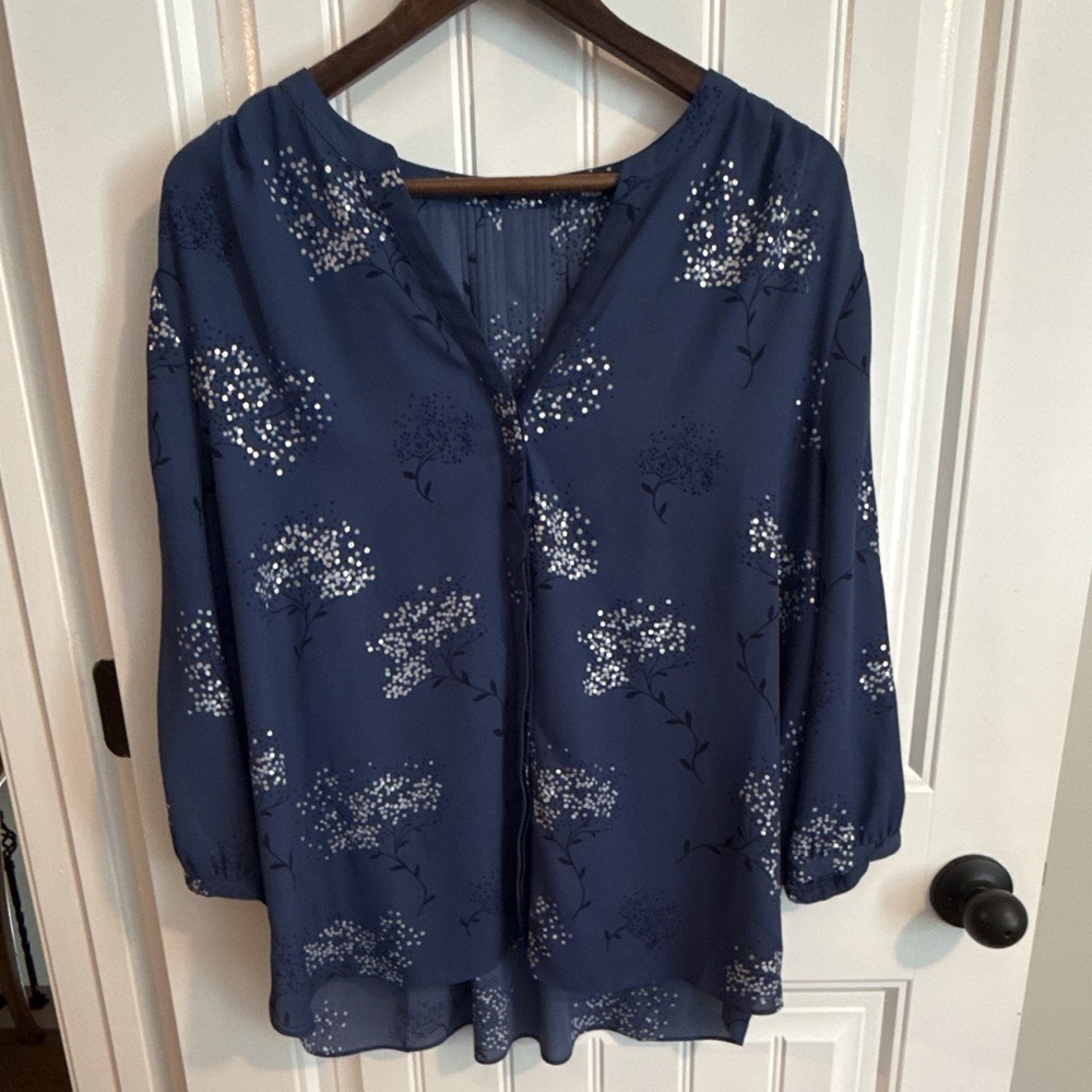 NYDJ Women's Petites PXL Blue Floral V-Neck Long Sleeve Pleated Chiffon Blouse